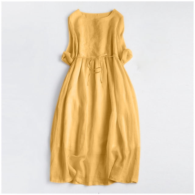 Ovzne Robes pour Femmes 2025 Robe Femme Robe à Col Rond pour Femmes Brodée à Lacets Taille Haute Couleur Unie Robe à Manches 3/4 Robe d'Été Longues Robes Liquidation