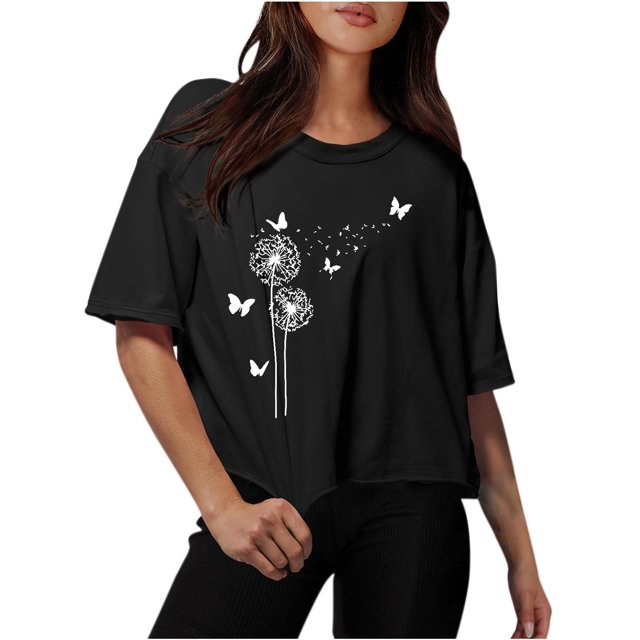 Blouses for Women Drop Shoulder Round Neck Oversized Crop Tops Workout Tops Tees