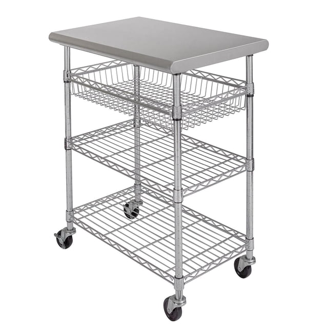 Seville Classics Stainless-Steel Kitchen Cart, 30" x 20" x 36" front-facing stainless-steel work station with bull-nose edged top, chrome-plated steel frame, two lower wire shelves and a removable wire basket on commercial locking casters; easy assembly and tool-free setup, suitable as a prep surface or portable buffet. (76.2cm × 50.8cm × 91.44cm).