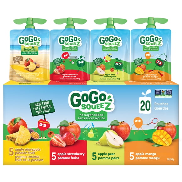 GoGo squeeZ Fruit Sauce Snack Pouches Variety Pack, Apple Pineapple Passion Fruit, Apple Strawberry, Apple Pear, Apple Mango, No Sugar Added. 90g per pouch, 20 Pouches, 1.8kg