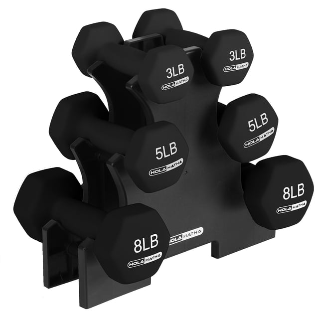 HolaHatha 3, 5 & 8 Pound Hex Dumbbell Hand Weight Set with Storage Rack in black. Features six neoprene-coated dumbbells with hexagonal ends to prevent rolling, organized on a compact black storage rack. Suitable for strength training, home gym setups, and portable workout equipment storage.