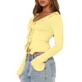 thumbnail image 2 of Women Ruffle Tie Front Cardigan Sweater Long Bell Sleeve Cropped Knit Sweater Top Yellow S, 2 of 7