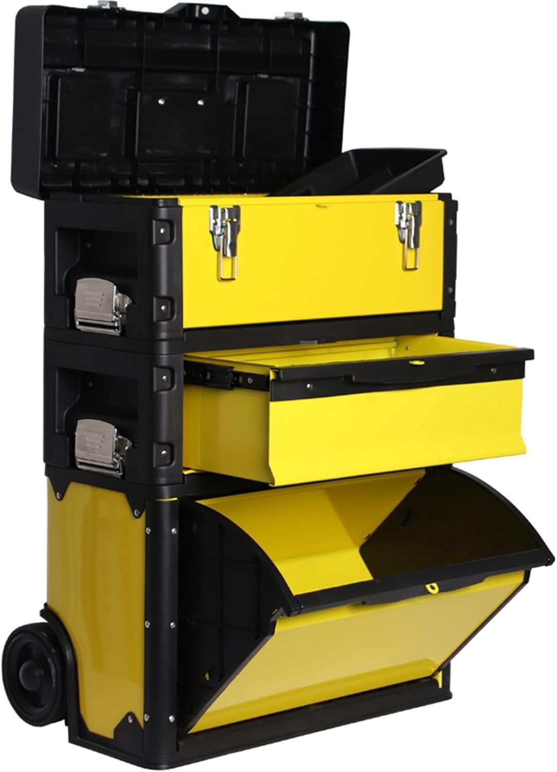 Toolbox Tool Case Household Large Storage Portable Steel and Plastic Stackable Rolling Upright Trolley with Drawers and Removable Tray Organiser for Tools