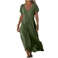 thumbnail image 3 of WRKEKC Robes d'Été Décontractées pour Femmes, Robes d'Été Grande Taille, Robe Jupe à Manches Courtes en Lin Uni à Col en V pour Femmes, 3 of 7