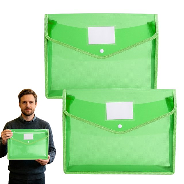 2PCS Documents Holder Envelope Folder, File Storage Bag with Button Transparent Plastic, Certificate File Holder Document Folder, Green