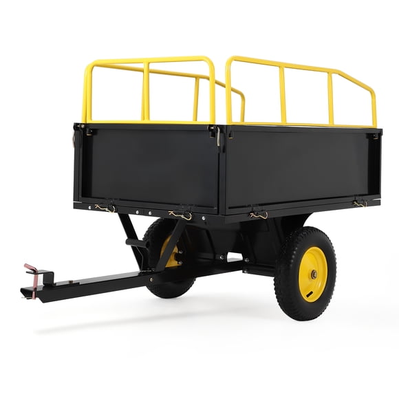 Heavy Duty 750 lbs ATV Dump Cart – 17 Cu.Ft Steel Tow Behind Utility Garden Trailer – Removable Sides, All-Terrain Pneumatic Tires, for Lawn Mowers, Tractors, UTVs