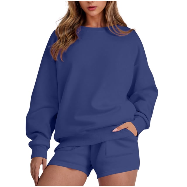 HAiming Ensemble 2 Pcs pour Femmes Chandail Col Rond Chandails en Molleton et Shorts Surdimensionnés Amples