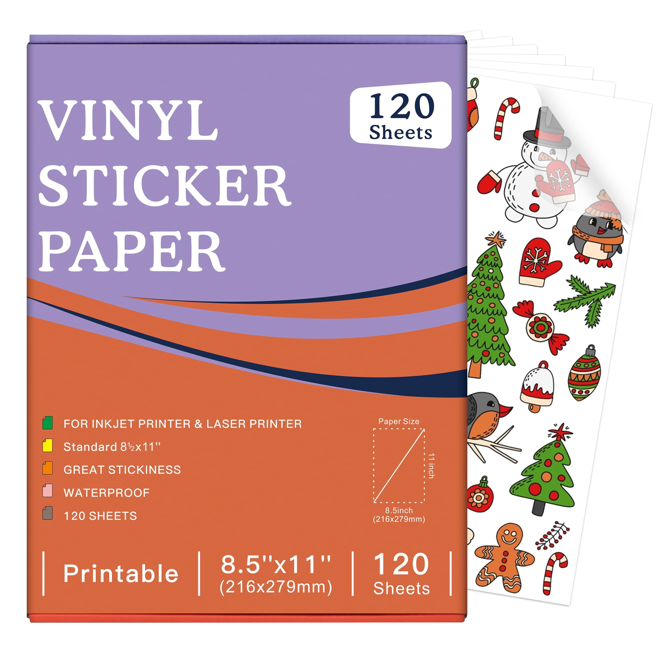 120 Sheets Premium Printable Vinyl Sticker Paper Clear - 8.5x11" for Inkjet Printers, Waterproof Tear Resistant, Dries Quickly, Vivid Colors, Easy to Cut for Cutting Mac