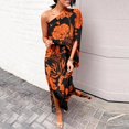 thumbnail image 1 of TMOYZQ 50 % de Rabais Été! Robe Longue Maxi à une Épaule pour Femmes, Ourlet Fendu, Imprimé Floral, Manches Courtes Évasées, Coupe Ample Froncée, Robe de Cocktail, Robe de Soirée, Robes d'Invitée de Mariage, 1 of 5