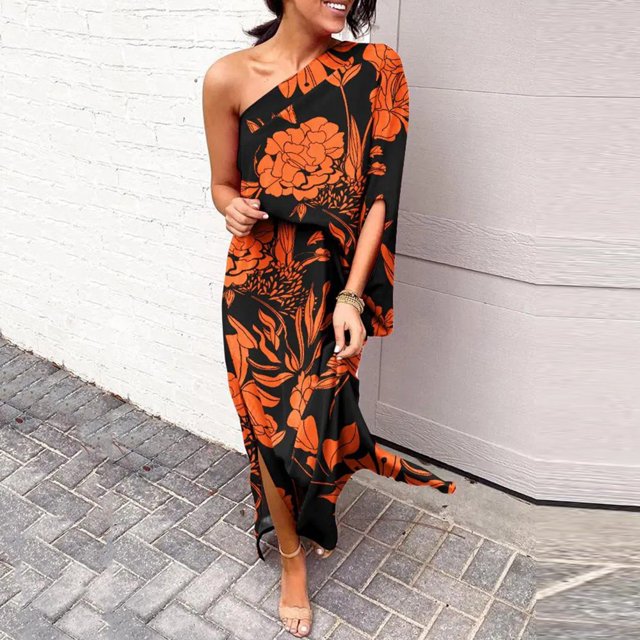 TMOYZQ 50 % de Rabais Été! Robe Longue Maxi à une Épaule pour Femmes, Ourlet Fendu, Imprimé Floral, Manches Courtes Évasées, Coupe Ample Froncée, Robe de Cocktail, Robe de Soirée, Robes d'Invitée de Mariage