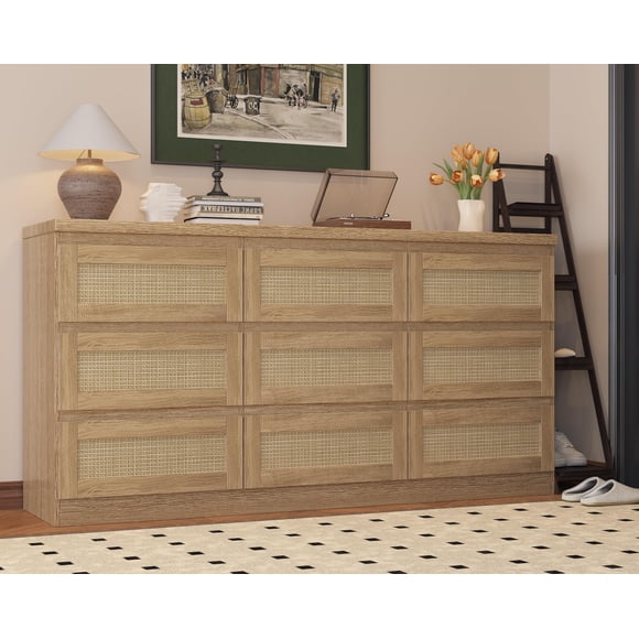 Farmhouse Rattan 9 Drawer Dresser with Charging Station, Wooden Chest of Drawers, Wide Closet Dresser Storage Organizer for Bedroom, Living Room, Entryway, Natural Oak