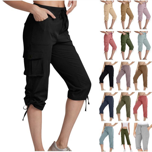 QATAINLAV Pantalon Capri pour Femme Pantalon de Randonnée Été Extérieur Athlétique Jogger Cargo Pantalon de Survêtement Uni Décontracté Athlétique Pantalon Court avec Poches Liquidation Vert Armée TG