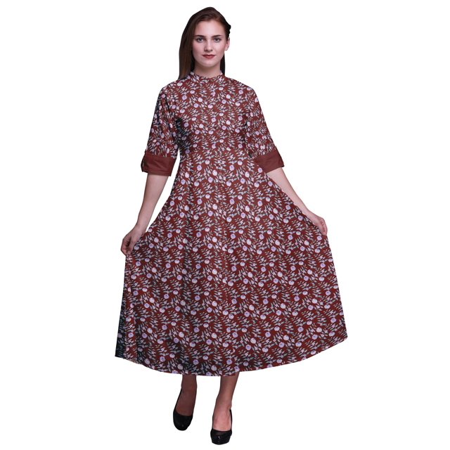 Bimba Robe-Chemise Mi-Mollet pour Femmes à Manches Retroussables à Imprimé Floral Boutonnée - Très Petit