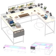 U Shaped Desk, 126 Inch Gaming Desk with Monitor Stand and LED Lights, Reversible Shaped Large Computer Desk with Power Outlets, Large Corner Office Desk with Storage Bag and Hooks