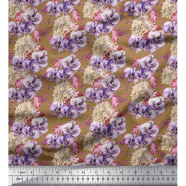 Soimoi Georgette Viscose Fabric Insect,Pansy & Yellow Flower Floral Printed Craft Fabric by the Yard 42 Inch Wide