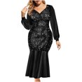 thumbnail image 1 of Pompotops Robe de Soirée Femme Mode Sexy Élégante Sequins Col en V Profond Couleur Unie Manches Longues à Volants, 1 of 8