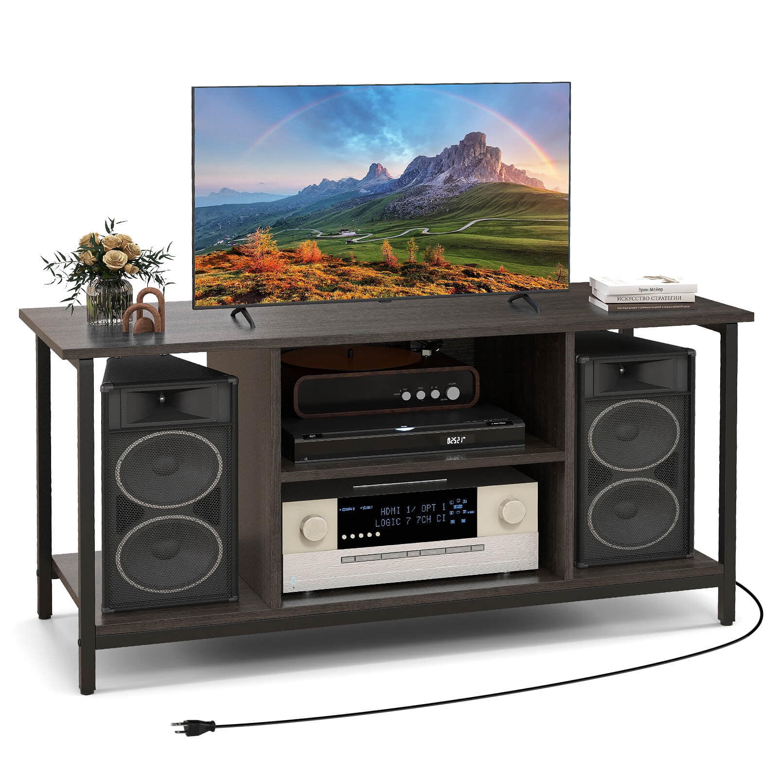 Costway Meuble TV avec prise de courant USB et port Type-C Table console TV à 3 niveaux Grise
