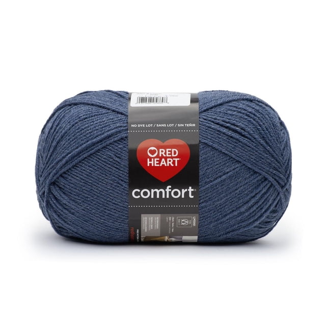 Red Heart® Comfort® Yarn, Solid, Acrylic #4 Medium, 16oz/454g, 867 Yards in deep blue, shown in a centered front view with a black label featuring the Red Heart logo and product details, ideal for knitting, crochet, and suitable for throws and blankets.