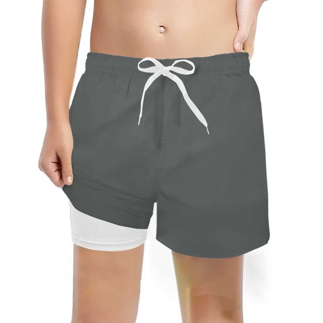 Boys Fashion Swim Trunks With Compression Liner Stretch Swim Shorts Grey 7T/7 Y—