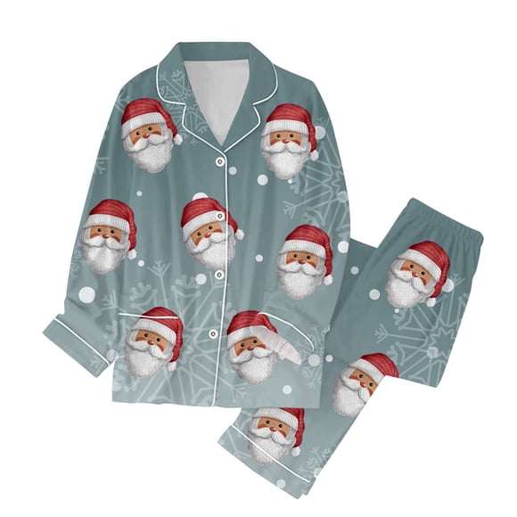 GDREDA Pyjamas Femme Women Christmas Lapel Full Print Holiday Casual Santa Glass Tree Long Sleeve Pants Set Women Pajama Sets pyjamas Grey,XL