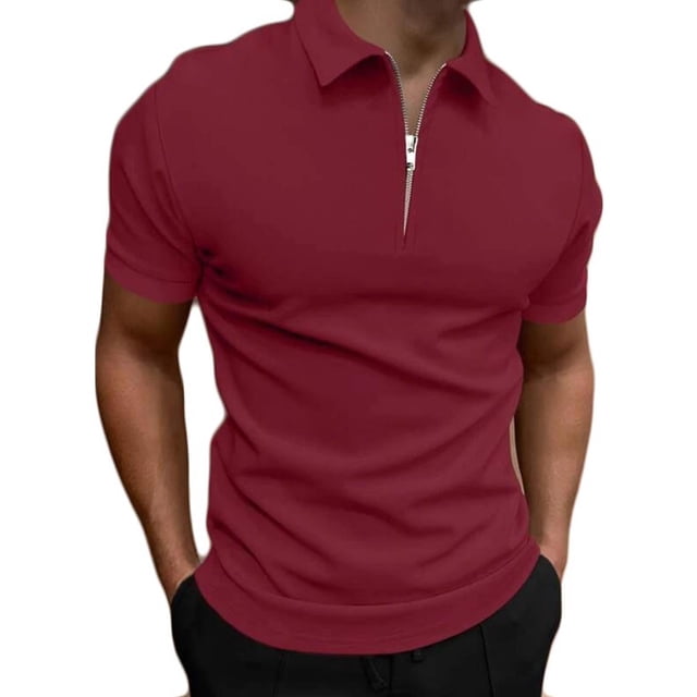DPTALR Hommes Décontracté Uni Col Rabattu Chandail Patchwork Fermeture Éclair Manches Courtes Blouse