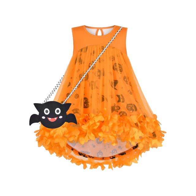 Ensemble Robe Fille Sac de Bonbons Halloween Citrouille Bat Fleur 3D 10 Ans