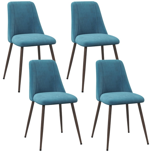 HOMCOM Ensemble de 4 Chaises de Salle à Manger avec Revêtement Toucher Velours Bleu, avec design Matelassé à Canaux et Sièges Rembourrés avec Dos Courbés pour le Confort. Soutenues par des Pieds en Acier à Grain de Bois Massif avec Impression par Transfert Thermique et Patins de Pieds Ajustables pour la Stabilité. Convient aux Salles à Manger, Cuisines, Chambres Ou Bureaux. Chaque Chaise Mesure 17,7 Pouces de Large, 19,5 Pouces de Profondeur et 33,9 Pouces de Hauteur, avec une Capacité de Charge de 264 Lb.