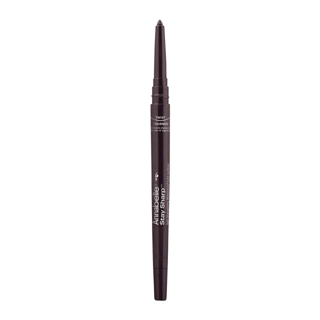 Annabelle Stay Sharp Self-Sharpening Kohl Eyeliner in a slim, retractable pencil with a dark tip extended, featuring white branding and a twist-on cap sharpener, designed for long-lasting, smudge-proof application safe for the waterline.