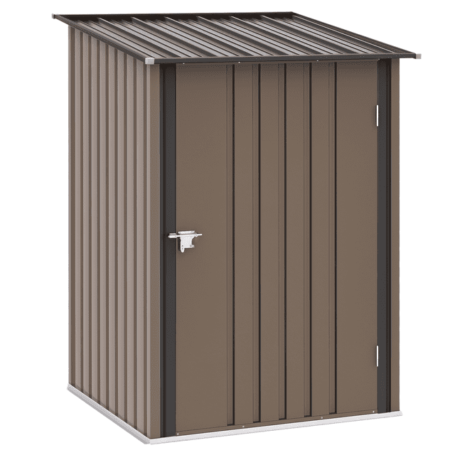 Outsunny Remise de Jardin Adossée 3,3 Pieds x 3,4 Pieds en Brun, avec une structure en Acier Galvanisé et un Cadre Ondulé pour la Durabilité. la Remise Comprend un Toit en Pente pour Prévenir l'Accumulation d'Eau et une Porte Verrouillable pour une Sécurité Accrue. Idéale pour Ranger les Outils de Jardin, l'Équipement d'Entretien de Pelouse et les Fournitures de Piscine. Dimensions : 39,4 Pouces de Large, 40,6 Pouces de Profondeur et 63 Pouces de Hauteur. Assemblage Requis.