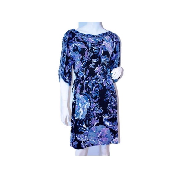 TAHARI Robe en Jersey à Manches 3/4 avec Ceinture à Nouer CAROLINE Bleu Noir ( m )