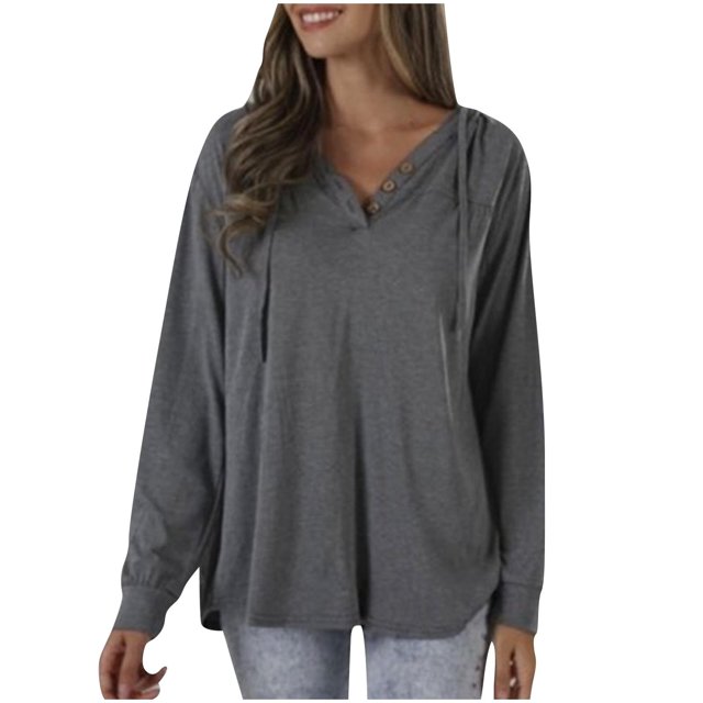 GigrtiJin Womens Oversized V-Neck Tops 2025 Trendy Long Sleeve Solid Color Blouses Button Decor Casual Shirts
