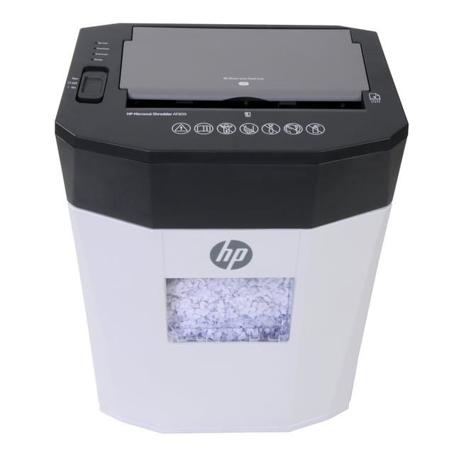 HP AF809 80-Sheet Autofeed Micro-Cut Paper Shredder in white with black top, featuring a 3.8-gallon wastebin with shredded paper visible through a front window, an 80-sheet autofeed tray, jam proof technology, and a control switch on the left side.