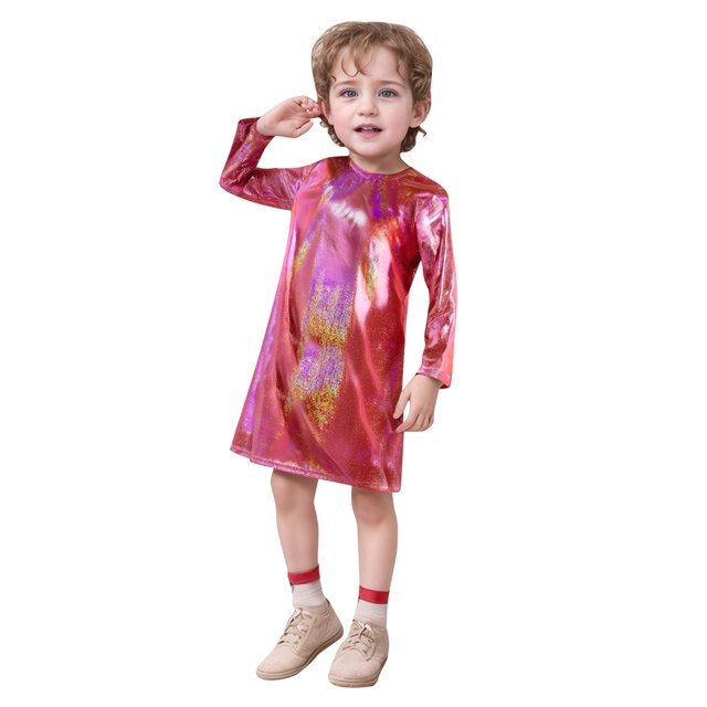 LUOGENLI Robe pour Enfants à Pois Fins Pailletée à Sequins à Manches Longues à Col Ras du Cou Robe T-Shirt Droite Robe Longue pour Filles Noir Rouge 13-14 Ans