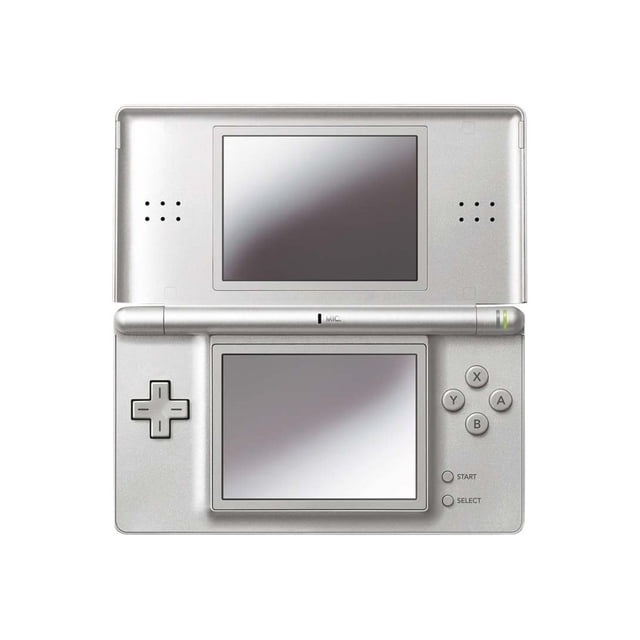 Nintendo DS Lite Metallic Silver handheld gaming console with a lightweight, compact design. Features dual ultra-bright LCD screens, including a touchscreen, a D-pad, A/B/X/Y buttons, Start/Select buttons, and a redesigned stylus for improved control. Includes a Game Boy Advance cartridge slot and Wi-Fi connectivity for online gaming, making it a versatile portable gaming console.