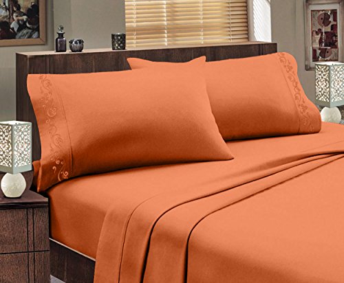 Italian Design 1800 Series Egyptian Comfort Super Soft Embroidery 4 Piece Sheet Set (Queen, Orange)