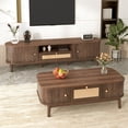 thumbnail image 1 of Noble House TV Stand & Coffee Table Set, Walnut with Sliding Doors & Woven Drawers, Media Console and Storage Table, 1 of 9