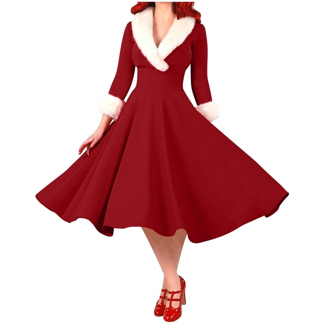 Penkiiy Robes de Noël pour Femmes Élégantes à Manches Longues Duveteuses à Col en V Imprimé Arbre de Noël à Carreaux Robe Grande Taille Formelle Vacances S Rouge