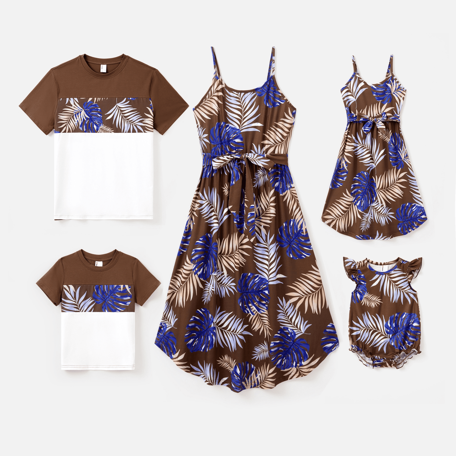 PatPat Family Matching Tropical Plant Print Short-sleeve Tee or Camisole Belted Dress Set