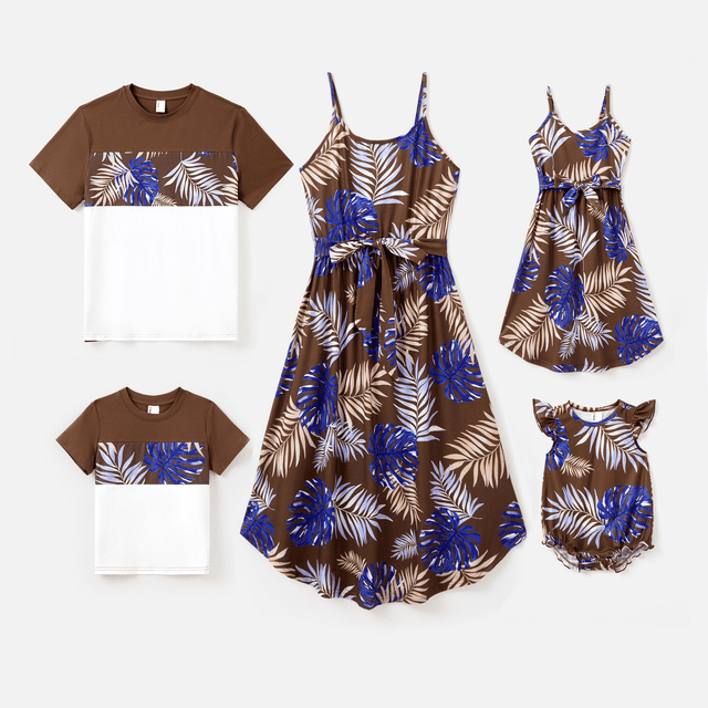 PatPat Family Matching Tropical Plant Print Short-sleeve Tee or Camisole Belted Dress Set