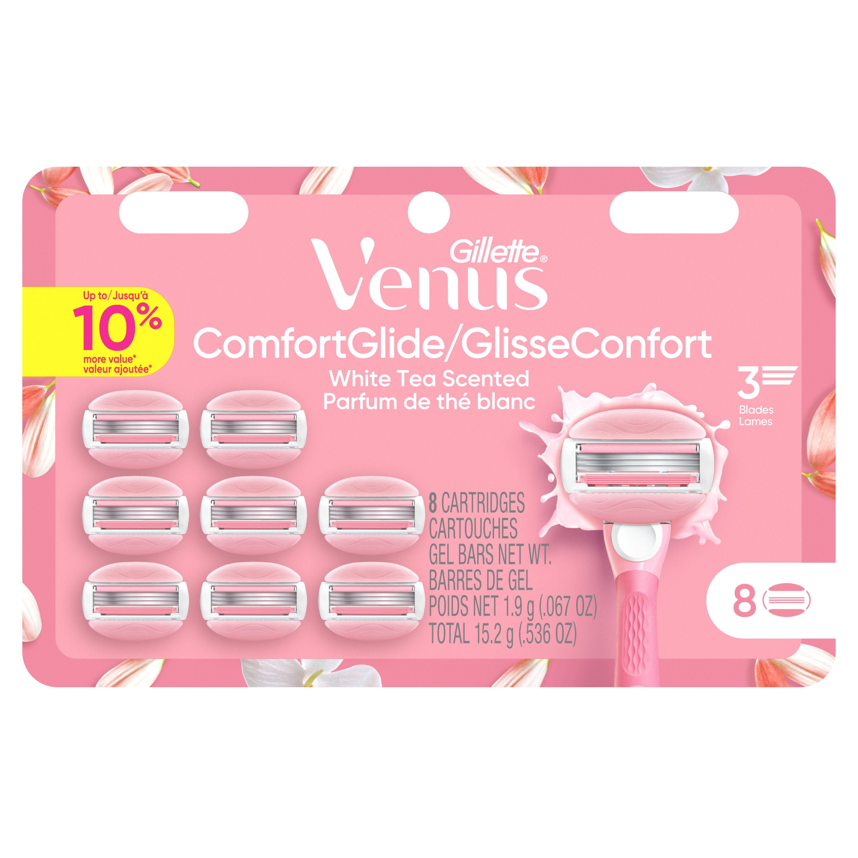 Venus GlisseConfort au Thé Blanc Lames de Rasoir pour Femmes, avec Barres de Gel à Raser Intégrées, 8 Recharges de Lames