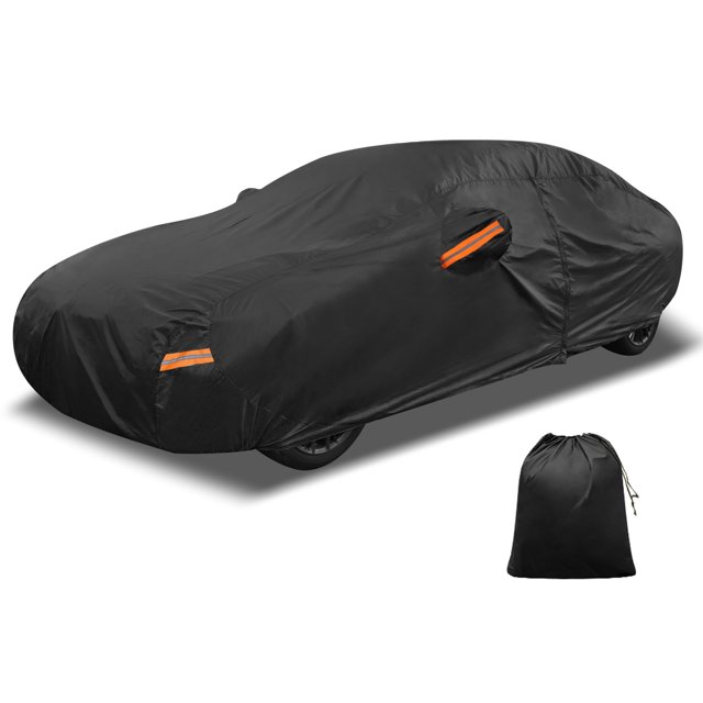 Unique Bargains Car Cover 210D-PU Oxford Outdoor Full Car Cover All Weather Waterproof Windproof Sun Protection with Driver Door Zipper Black for Kia Rio Sedan