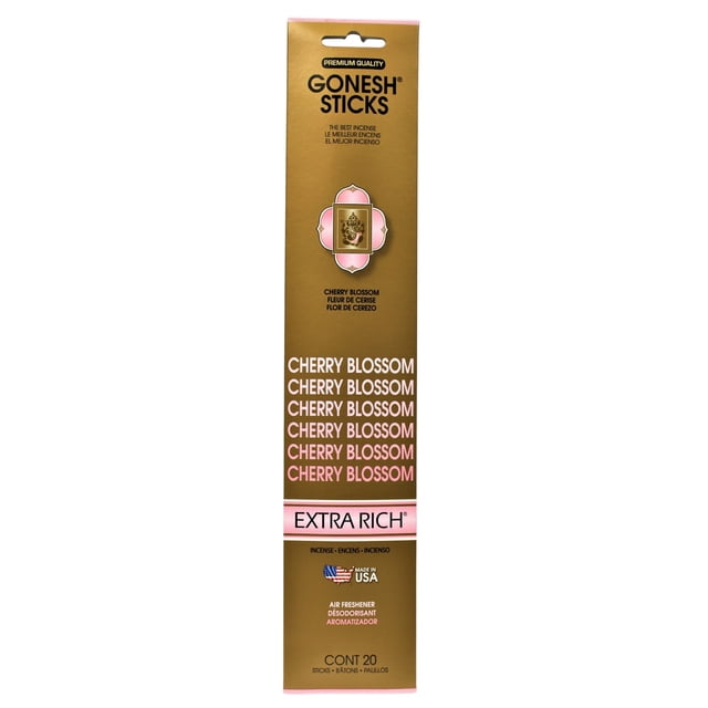 Gonesh Sticks Cherry Blossom incense sticks package in gold with pink accents, labeled Extra Rich, containing 20 sticks made in USA, designed for home fragrance and air freshening with a sweet floral cherry blossom scent.