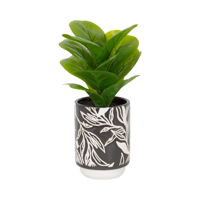 DesignOvation 10"H Artificial Fig Plant in Black and White Ceramic Pot with lifelike soft green leaves and detailed veining, set in a black ceramic planter featuring white floral designs, suitable for indoor garden planters and adding natural charm to home or office spaces.