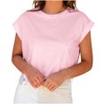 thumbnail image 1 of Timegard Hauts pour Femmes Col Ras du Cou Manches Courtes à Revers Haut Court d'Été T-Shirts Basiques Décontractés Amples Camisole Blouse, 1 of 7
