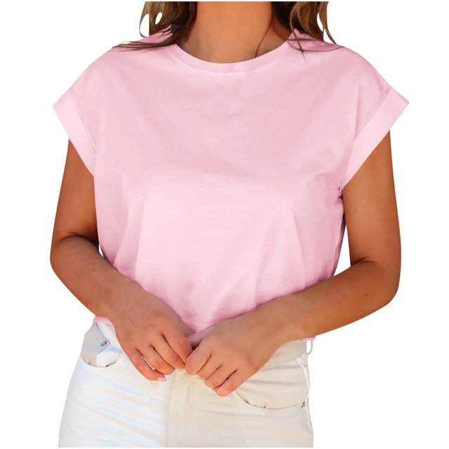 Timegard Hauts pour Femmes Col Ras du Cou Manches Courtes à Revers Haut Court d'Été T-Shirts Basiques Décontractés Amples Camisole Blouse