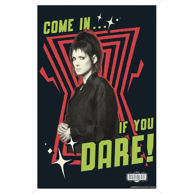 Beetlejuice Beetlejuice - Affiche Murale « Viens Si Tu Oses », 14,725 Po x 22,375 Po Encadrée, Mettant en Vedette une Personne en Veste Sombre sur Fond Noir avec une Forme de Sablier Déformée Rouge. Texte Vert Audacieux « Viens... Si Tu Oses » avec des Étincelles d'Étoiles Blanches. art Mural Adapté à la Déco de la Maison, aux Résidences Étudiantes Ou aux Bureaux.