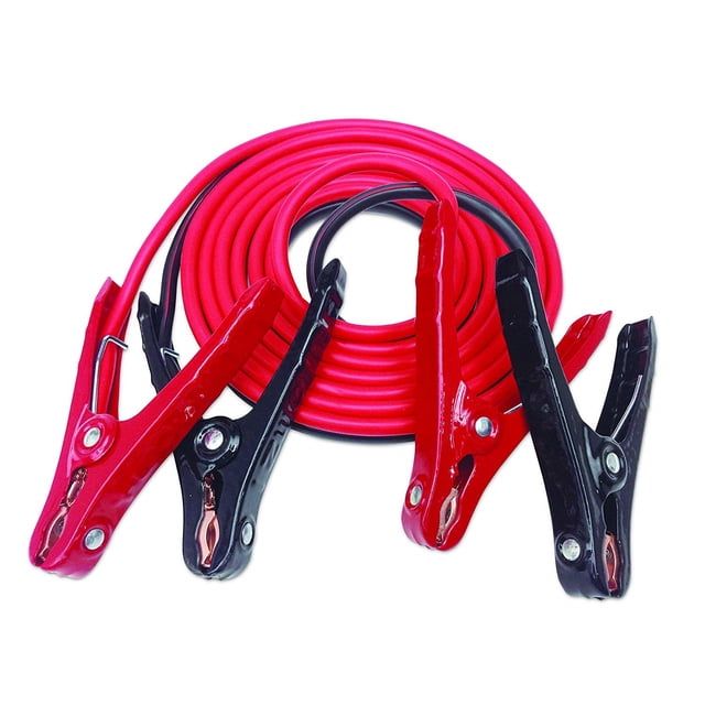 Justin Case 12 Foot 8 Gauge Booster Cables featuring heavy-duty 8-gauge wires with red and black clamps, designed for jump-starting vehicles. The cables are 12 feet long, tangle-free, and extra flexible for ease of use. Suitable for mid-size cars, light trucks, and recreational vehicles, they fit both top and side-mount battery posts. Resistant to oil, gas, and acid, these cables ensure durability and reliability in various conditions. Includes a 365-day roadside assistance program.