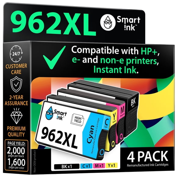 Smart Ink Remanufactured Ink Cartridges Replacement for HP 962XL 962 XL Combo Pack (962XL Black, Cyan, Magenta, Yellow) to use with OfficeJet Pro 901