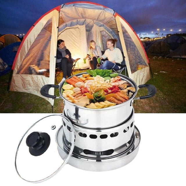 Cagogo Réchaud à Alcool Portable à Moins de 5 $, Cuiseur à Alcool en Acier Inoxydable, Réchaud de Camping Intérieur Portable, Batterie de Cuisine Sans Alimentation Requise, Système de Cuisson avec Casserole de 20 cm, Équipement de Chauffage pour Pique-Nique en Plein Air