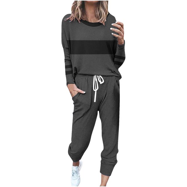 Posijego Ensemble Femme 2 Pcs Tenue Rayée Décontractée Manches Longues Col Ras du Cou Hauts Pantalons à Cordon Ensembles Détente P-5TG